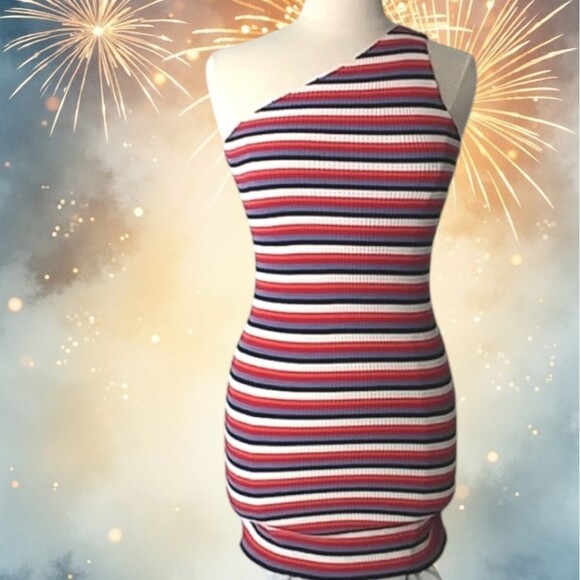 Zara Dress One Shoulder Mini Striped Stretchy Ribbed Body Con Summer Par… - Picture 2 of 16
